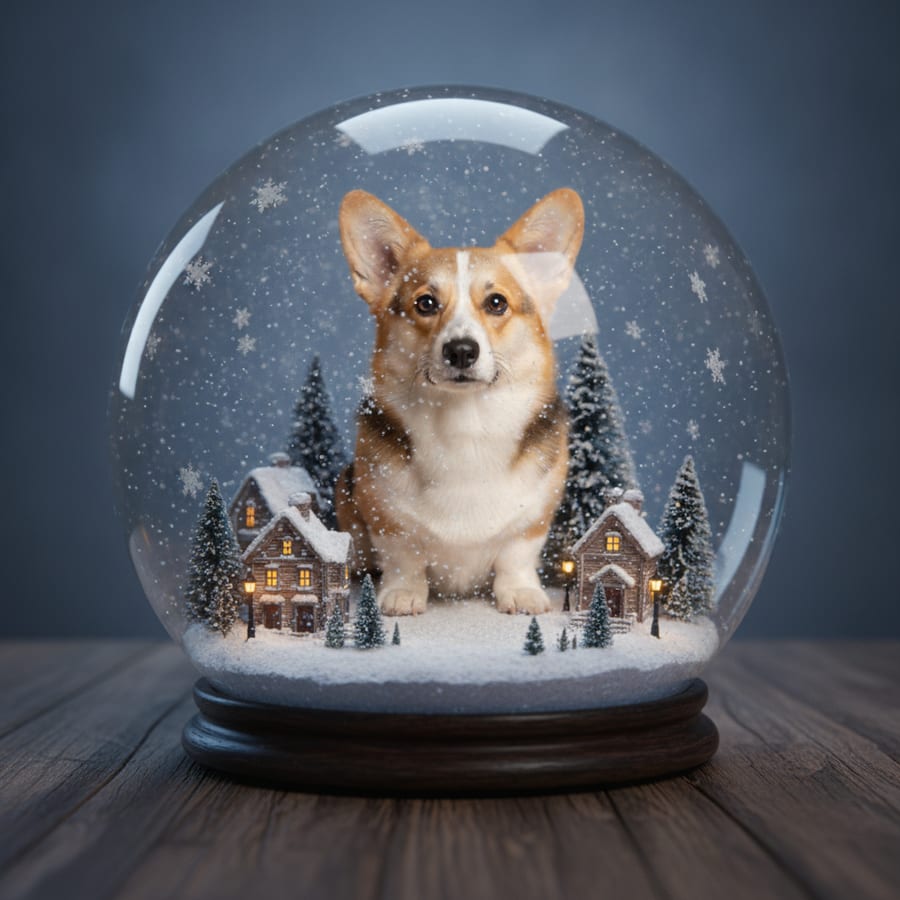 Snow Globe AI pet Christmas photo — AI Christmas photo