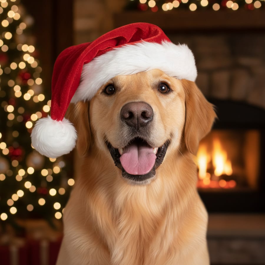 Golden retriever turned into an AI Christmas portrait — drag to compare — AI Christmas photo